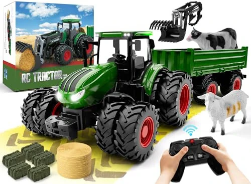 Uarzt Remote Control Tractor Toy, Kids RC Tractor Set & Truck and Trailer Front Loader - Metal Car Head/8 Wheel/Light, Toddlers Farm Vehicle Toys for 3 4 5 6 7 8 9 Year Old Boys Girls Birthday Gift - Uarzt