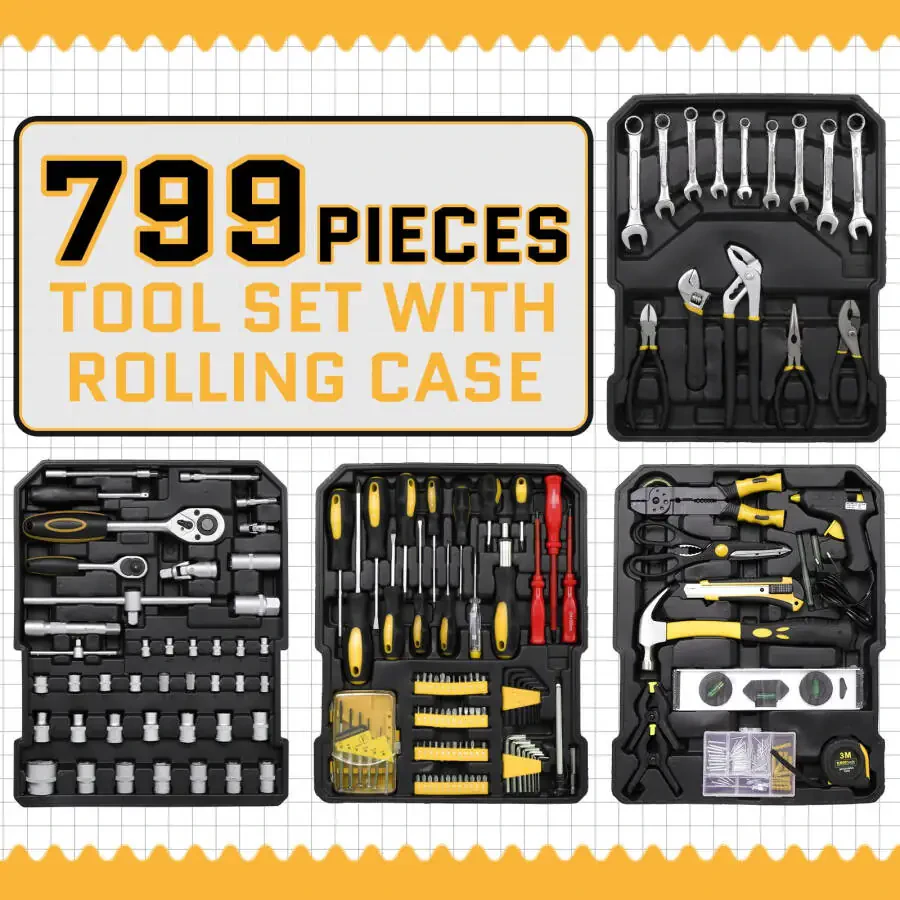 UBesGoo 799 Pcs Tool Set, Household Repair Hand Tool Kit, Mechanics Tool Kit, with Trolley Case, Black - 4