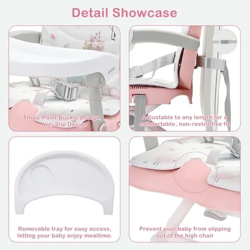 UBRAVOO 2in1 Portable Toddler Booster Seat, Grow with Baby Booster Seat for Dining Table with Removable Tray & Seat Pad, high chair for travel, ACE1013 Pink Flamingos - UBRAVOO (1)