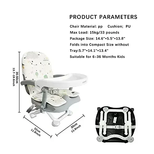 UBRAVOO Baby Booster Seat for Dining Table with Removable Tray & Cushion, 3in1 Portable Toddler Booster Seat, 4 Height Adjustable Travel High Chair for Babies and Toddlers - 6