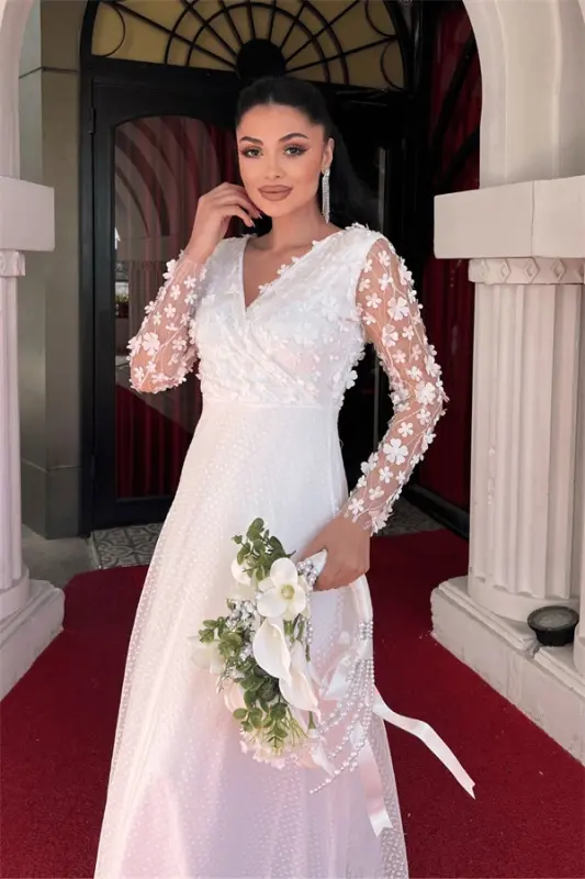 Üç Boyutlu Çiçekli Elbise - BEYAZ - 8