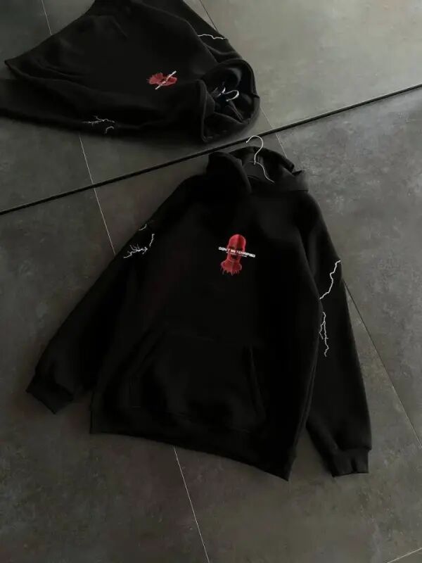Üç İpli Kapüşonlu Bosma Oversize SweatShirt - Qora - 3