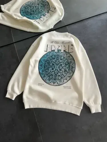 Üç İplik Bisiklet Yaka Baskılı SweatShirt - Beyaz - 4