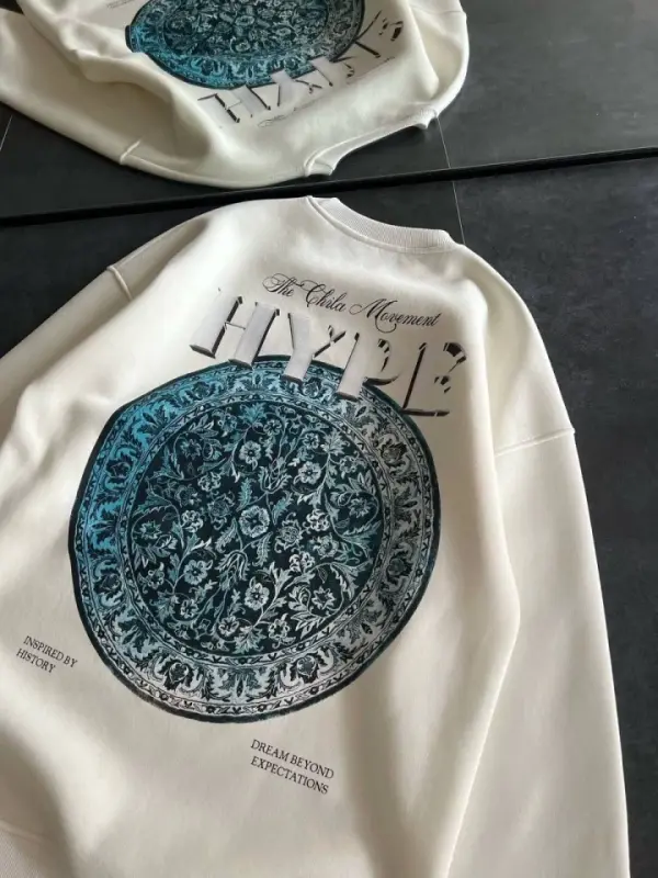 Üç İplik Bisiklet Yaka Baskılı SweatShirt - Beyaz - BÜYÜKBEDENIZ