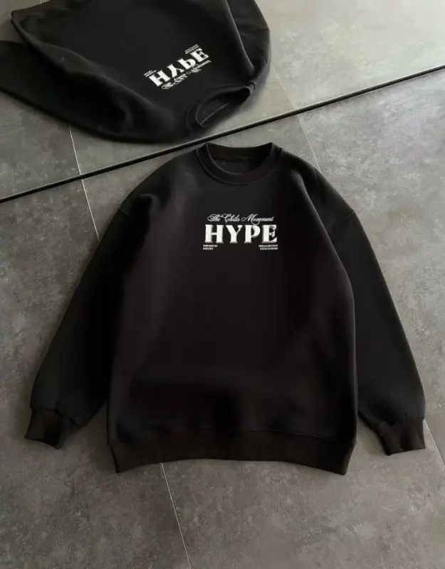 Üç İplik Bisiklet Yaka Baskılı SweatShirt - Siyah - BÜYÜKBEDENIZ