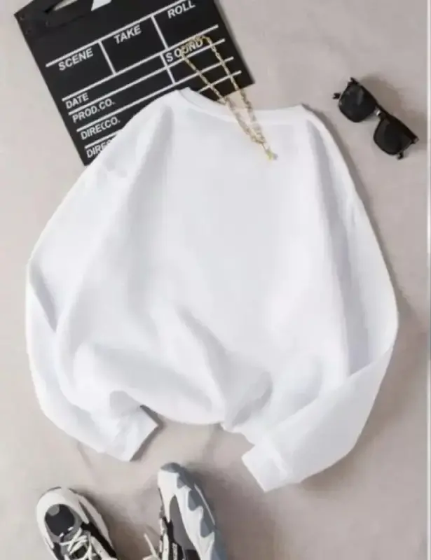 Üç İplik Biskilet Yaka Basic SweatShirt - Beyaz - BÜYÜKBEDENIZ