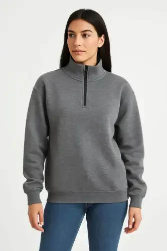 Üç İplik Dık Yaka Yarım Fermuarlı SweatShirt - Antrasit - 1