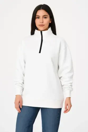 Üç İplik Dık Yaka Yarım Fermuarlı SweatShirt - Beyaz - 3
