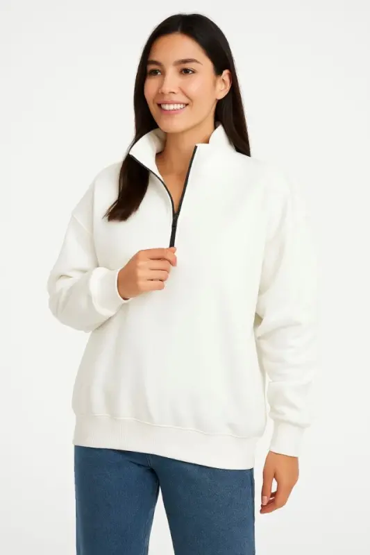 Üç İplik Dık Yaka Yarım Fermuarlı SweatShirt - Beyaz - 1