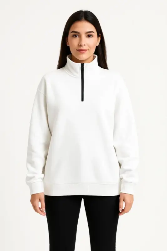 Üç İplik Dık Yaka Yarım Fermuarlı SweatShirt - Beyaz - 4
