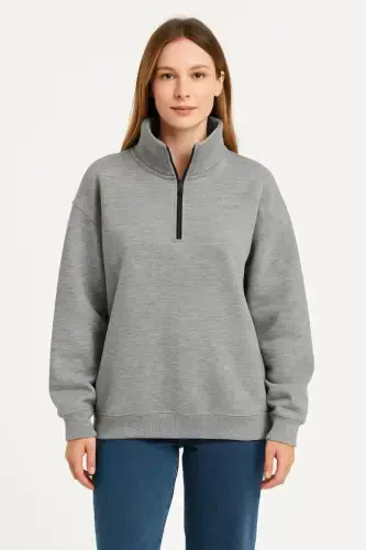 Üç İplik Dık Yaka Yarım Fermuarlı SweatShirt - Gri - BÜYÜKBEDENIZ (1)