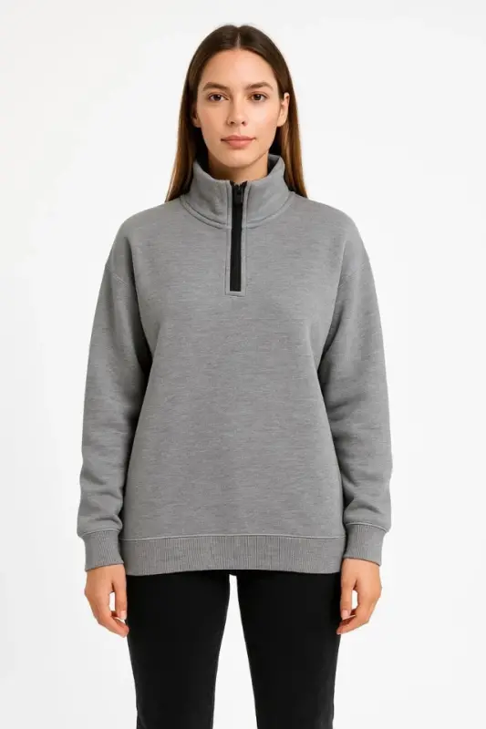 Üç İplik Dık Yaka Yarım Fermuarlı SweatShirt - Gri - 1