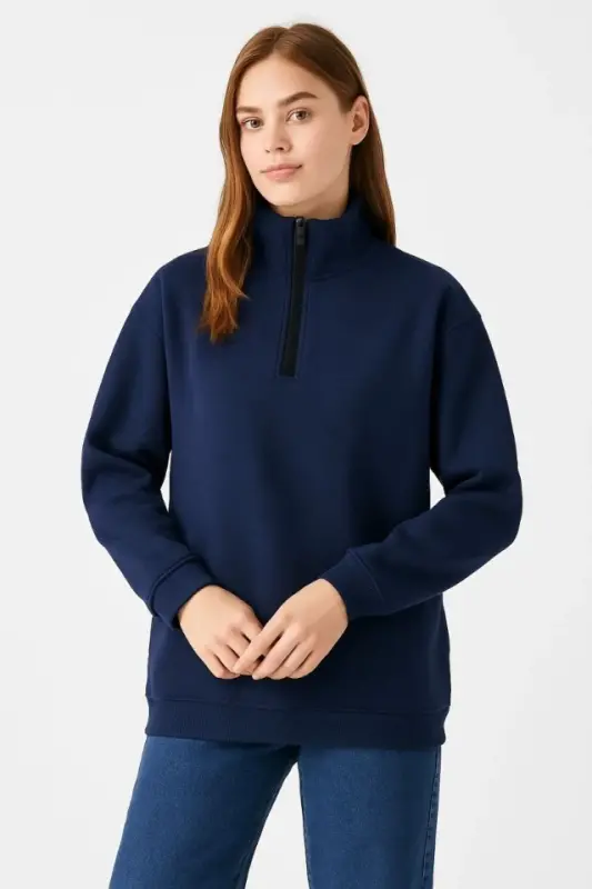 Üç İplik Dık Yaka Yarım Fermuarlı SweatShirt - Lacivert - 2
