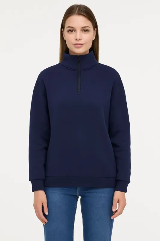 Üç İplik Dık Yaka Yarım Fermuarlı SweatShirt - Lacivert - 3