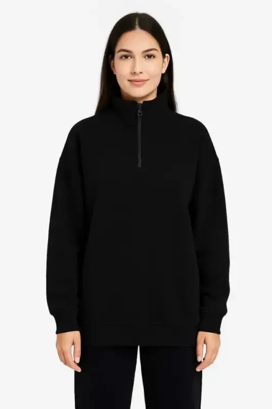 Üç İplik Dık Yaka Yarım Fermuarlı SweatShirt - Siyah - 3