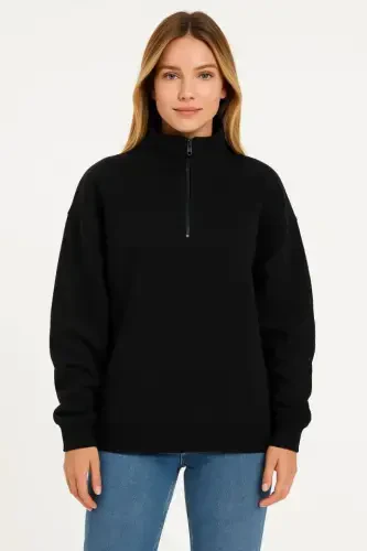 Üç İplik Dık Yaka Yarım Fermuarlı SweatShirt - Siyah - 4