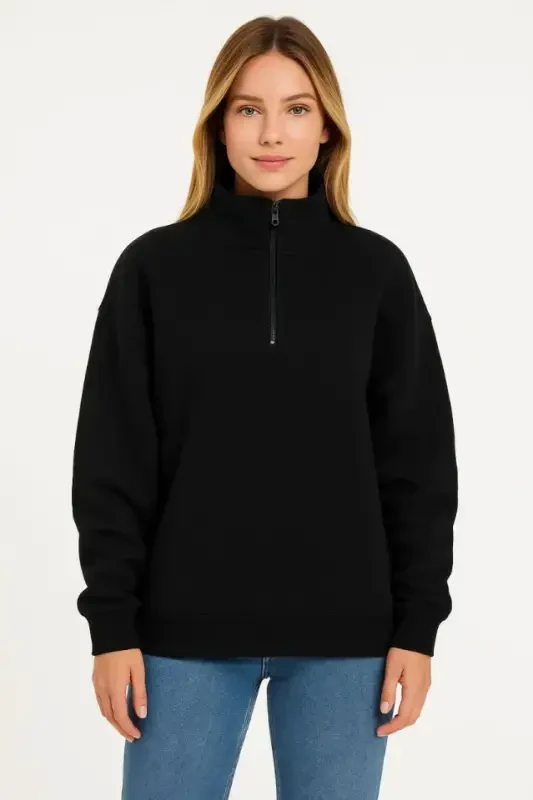 Üç İplik Dık Yaka Yarım Fermuarlı SweatShirt - Siyah - 4