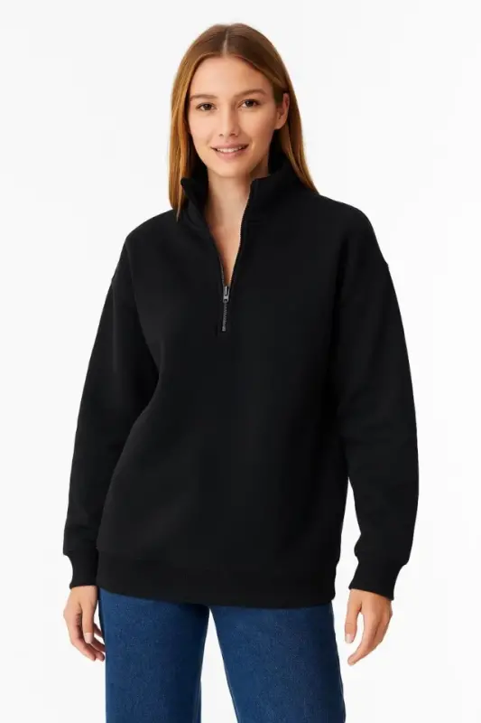 Üç İplik Dık Yaka Yarım Fermuarlı SweatShirt - Siyah - BÜYÜKBEDENIZ
