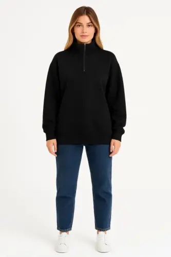 Üç İplik Dık Yaka Yarım Fermuarlı SweatShirt - Siyah - BÜYÜKBEDENIZ (1)