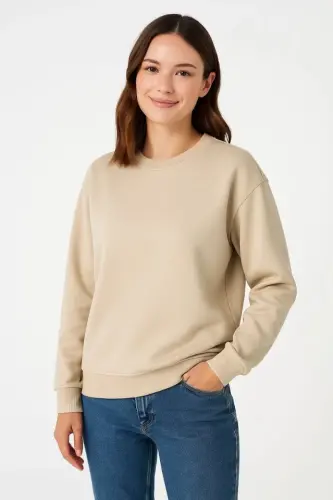 Üç İplik Düz Bisiklet Yaka SweatShirt - Bej - 31