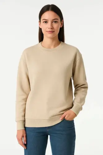 Üç İplik Düz Bisiklet Yaka SweatShirt - Bej - 32