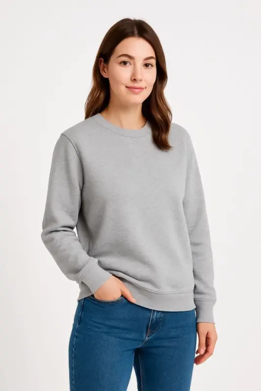 Üç İplik Düz Bisiklet Yaka SweatShirt - Gri - 1