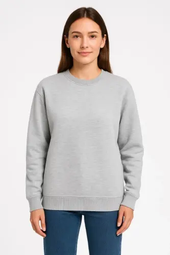 Üç İplik Düz Bisiklet Yaka SweatShirt - Gri - BÜYÜKBEDENIZ (1)
