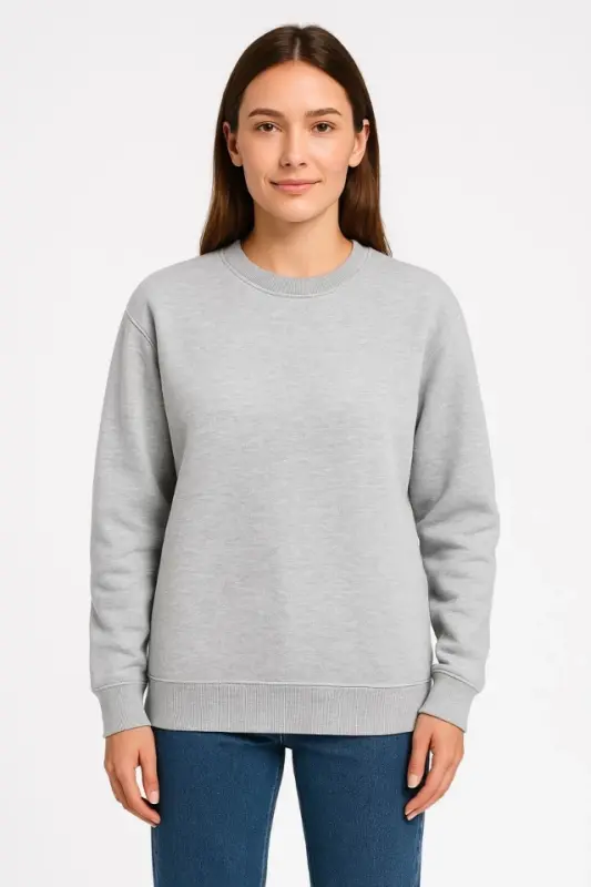 Üç İplik Düz Bisiklet Yaka SweatShirt - Gri - 2