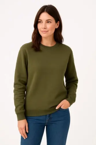 Üç İplik Düz Bisiklet Yaka SweatShirt - Haki - 1
