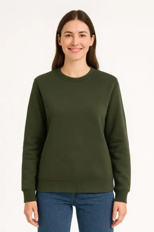 Üç İplik Düz Bisiklet Yaka SweatShirt - Haki - 2