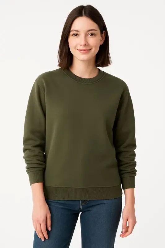 Üç İplik Düz Bisiklet Yaka SweatShirt - Haki - 3