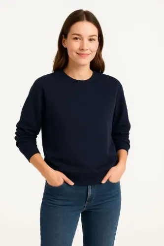 Üç İplik Düz Bisiklet Yaka SweatShirt - Lacivert - 1