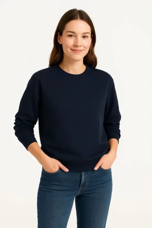 Üç İplik Düz Bisiklet Yaka SweatShirt - Lacivert - 1