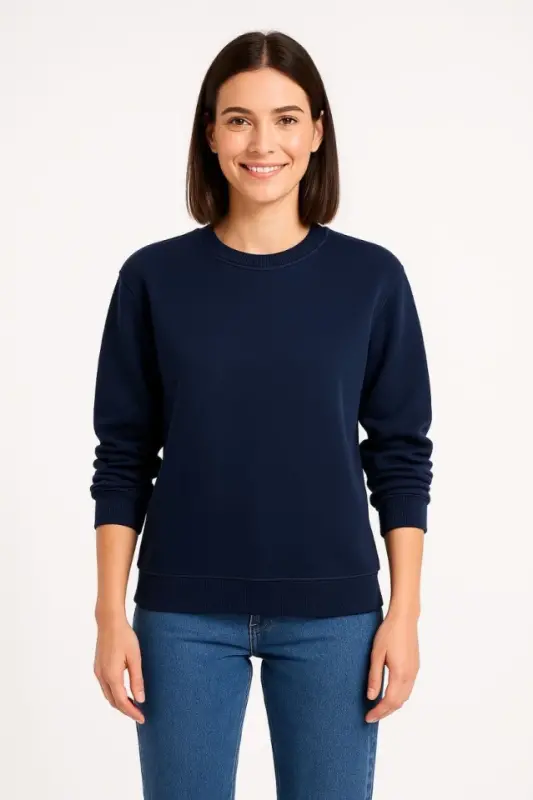 Üç İplik Düz Bisiklet Yaka SweatShirt - Lacivert - 2