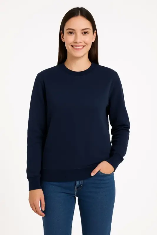Üç İplik Düz Bisiklet Yaka SweatShirt - Lacivert - 3