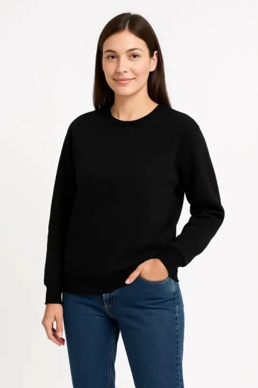 Üç İplik Düz Bisiklet Yaka SweatShirt - Siyah - BÜYÜKBEDENIZ