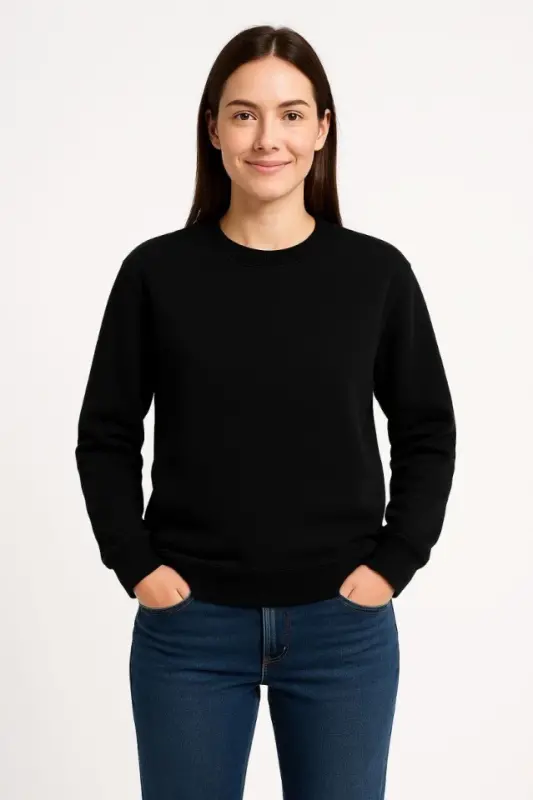 Üç İplik Düz Bisiklet Yaka SweatShirt - Siyah - 2