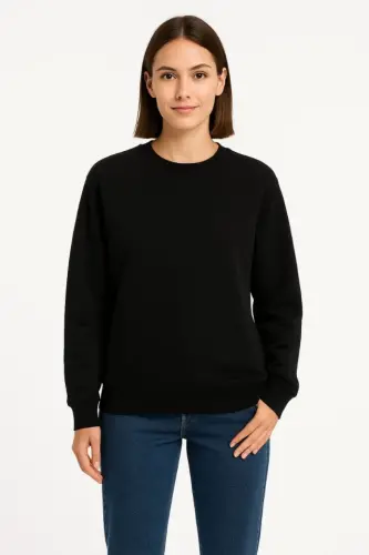 Üç İplik Düz Bisiklet Yaka SweatShirt - Siyah - 4