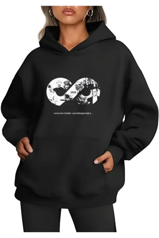 Üç İplik Kapşonlu 10 Kasıma Özel SweatShirt - Siyah - BÜYÜKBEDENIZ