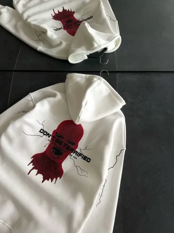 Üç İplik Kapşonlu Baskılı Oversize SweatShirt- Beyaz - 1