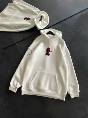 Üç İplik Kapşonlu Baskılı Oversize SweatShirt- Beyaz - 3