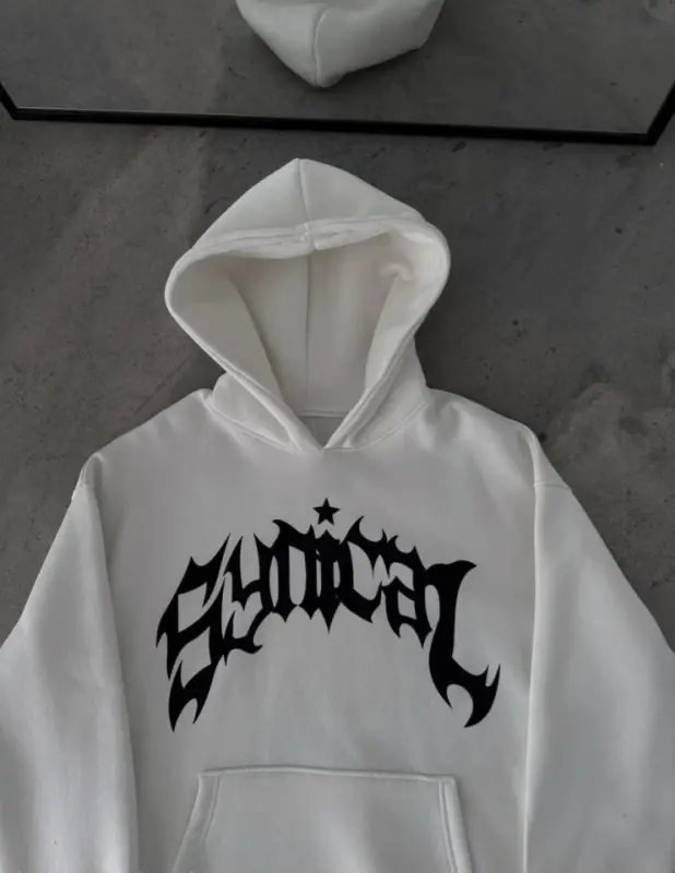 Üç İplik Kapşonlu Baskılı Oversize SweatShirt- Beyaz - BÜYÜKBEDENIZ