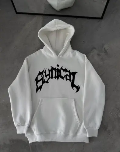 Üç İplik Kapşonlu Baskılı Oversize SweatShirt- Beyaz - BÜYÜKBEDENIZ (1)