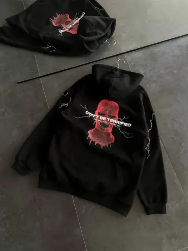 Üç İplik Kapşonlu Baskılı Oversize SweatShirt- Siyah - BÜYÜKBEDENIZ (1)