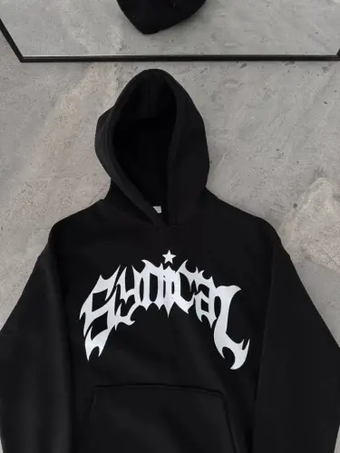 Üç İplik Kapşonlu Baskılı Oversize SweatShirt- Siyah - BÜYÜKBEDENIZ (1)