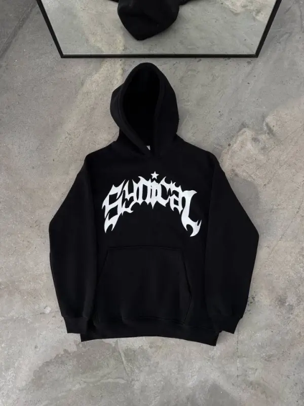 Üç İplik Kapşonlu Baskılı Oversize SweatShirt- Siyah - BÜYÜKBEDENIZ