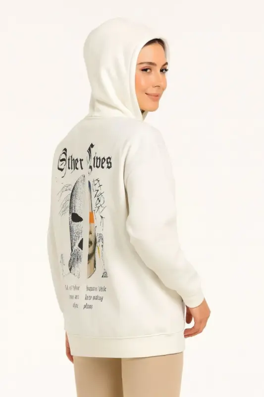 Üç İplik Kapşonlu ön Ve Arka Baskılı SweatShirt Hoodie- Beyaz - BÜYÜKBEDENIZ
