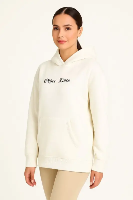 Üç İplik Kapşonlu ön Ve Arka Baskılı SweatShirt Hoodie- Beyaz - 2