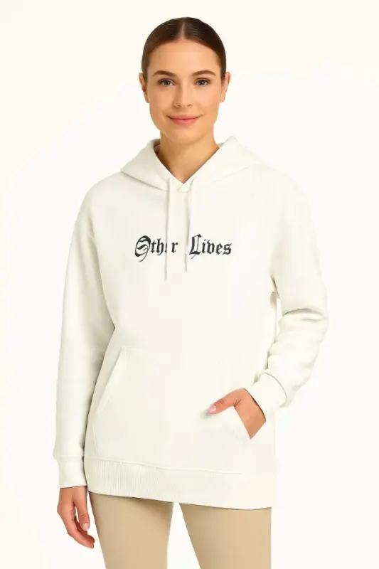 Üç İplik Kapşonlu ön Ve Arka Baskılı SweatShirt Hoodie- Beyaz - 4