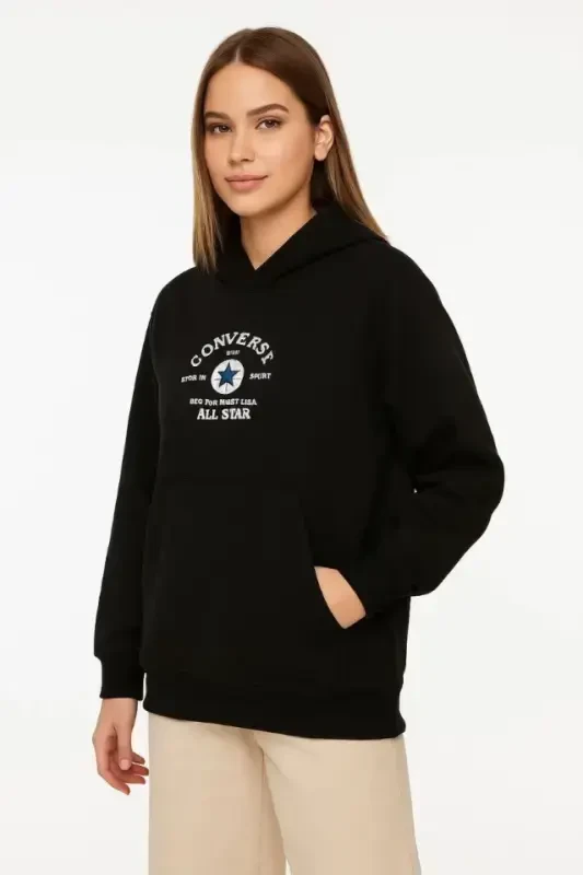 Üç İplik Kapşonlu ön Ve Arka Baskılı SweatShirt Hoodie- Siyah - 1